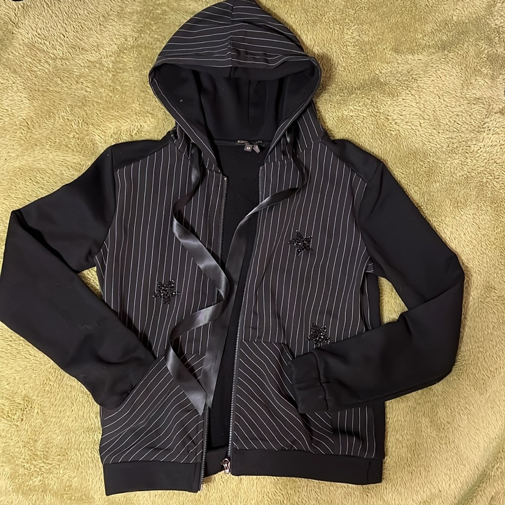 Pinstripe zip up hoodie with sparkly star patches Alberto Makali NY